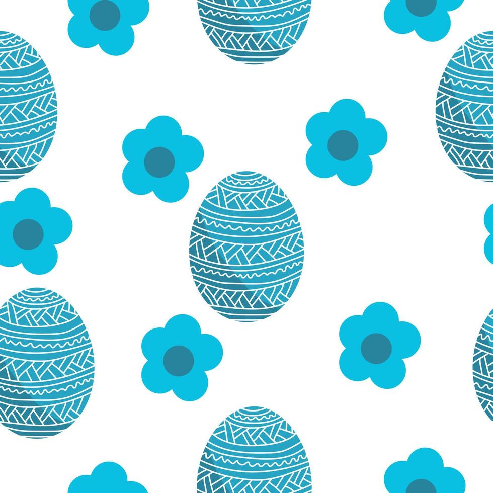 oeufs de pâques en motif harmonieux de couleur bleu clair, oeufs de vacances à motifs et fleurs bleues sur fond blanc vecteur