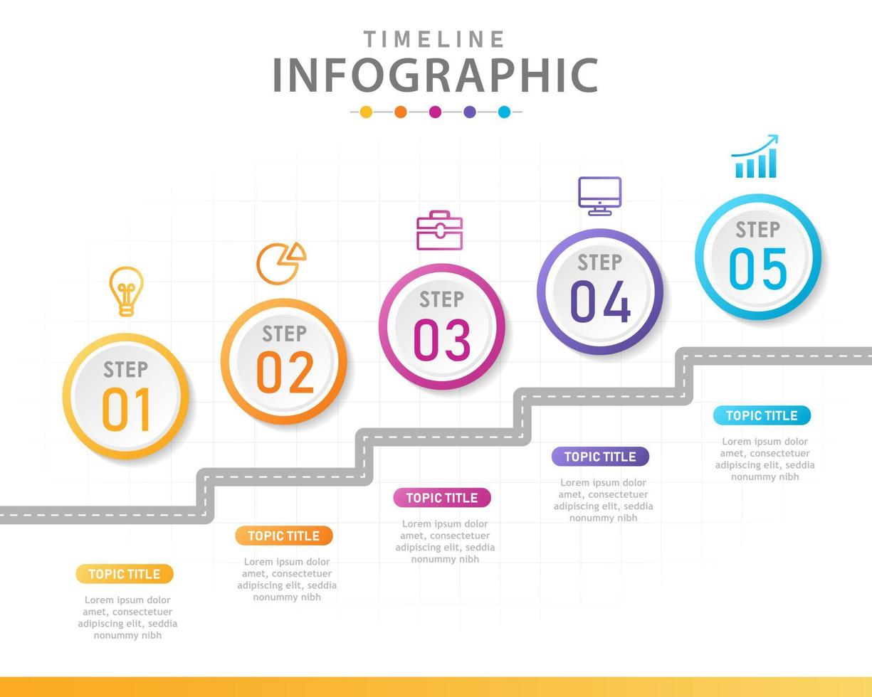 modèle d'infographie pour les entreprises. Diagramme de chronologie moderne en 5 étapes avec concept de voyage sur route. infographie de vecteur de présentation.