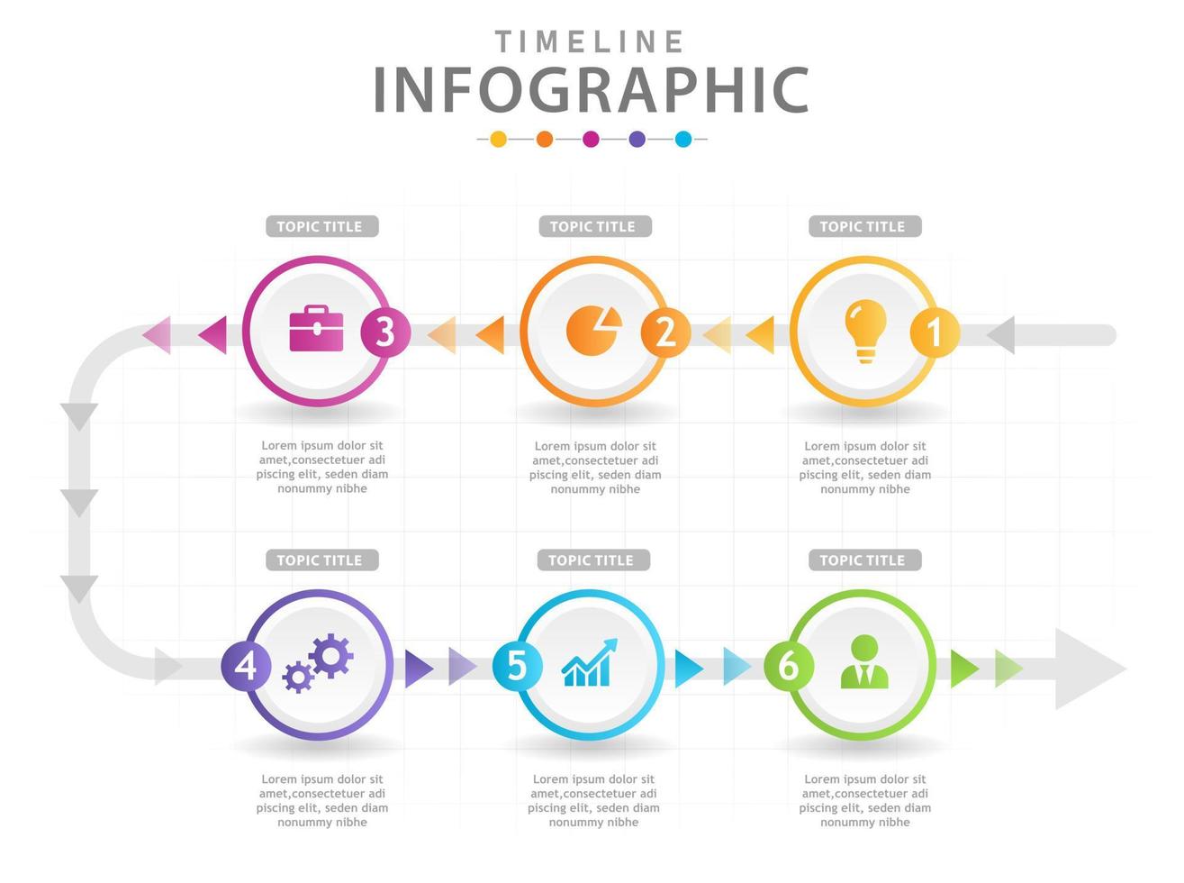 modèle d'infographie pour les entreprises. Diagramme de chronologie moderne en 6 étapes avec flèches, infographie vectorielle de présentation. vecteur