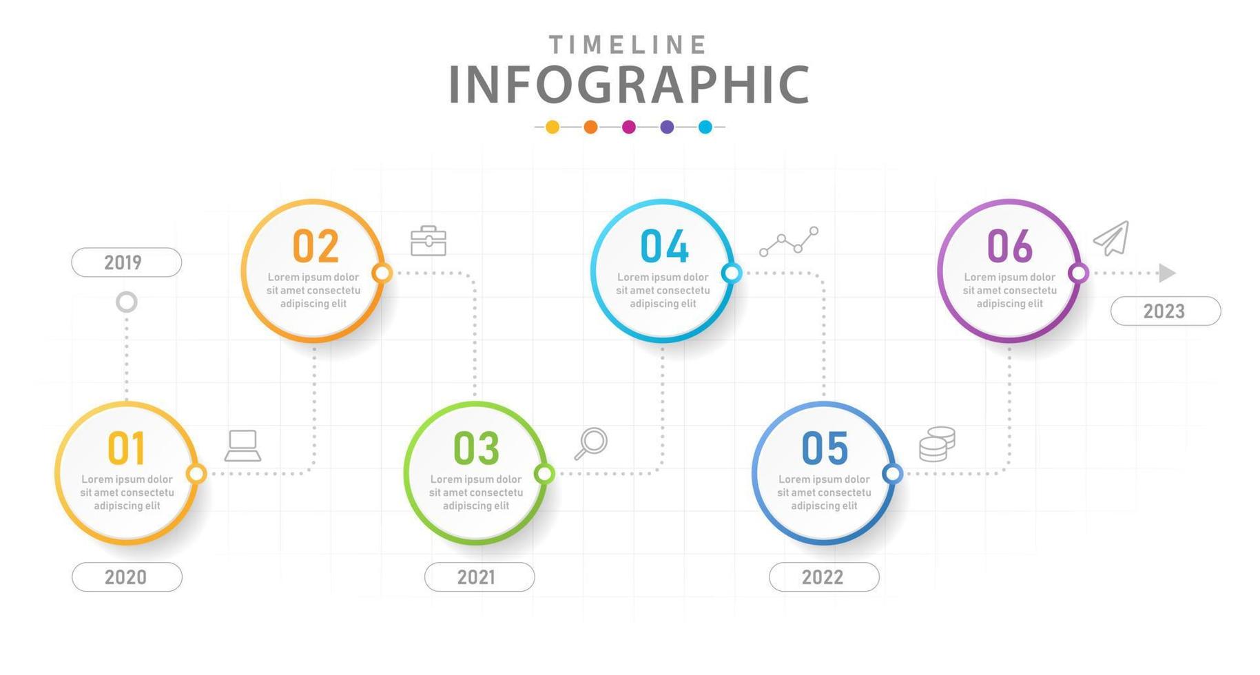modèle d'infographie pour les entreprises. Diagramme de chronologie moderne en 6 étapes avec des lignes. vecteur