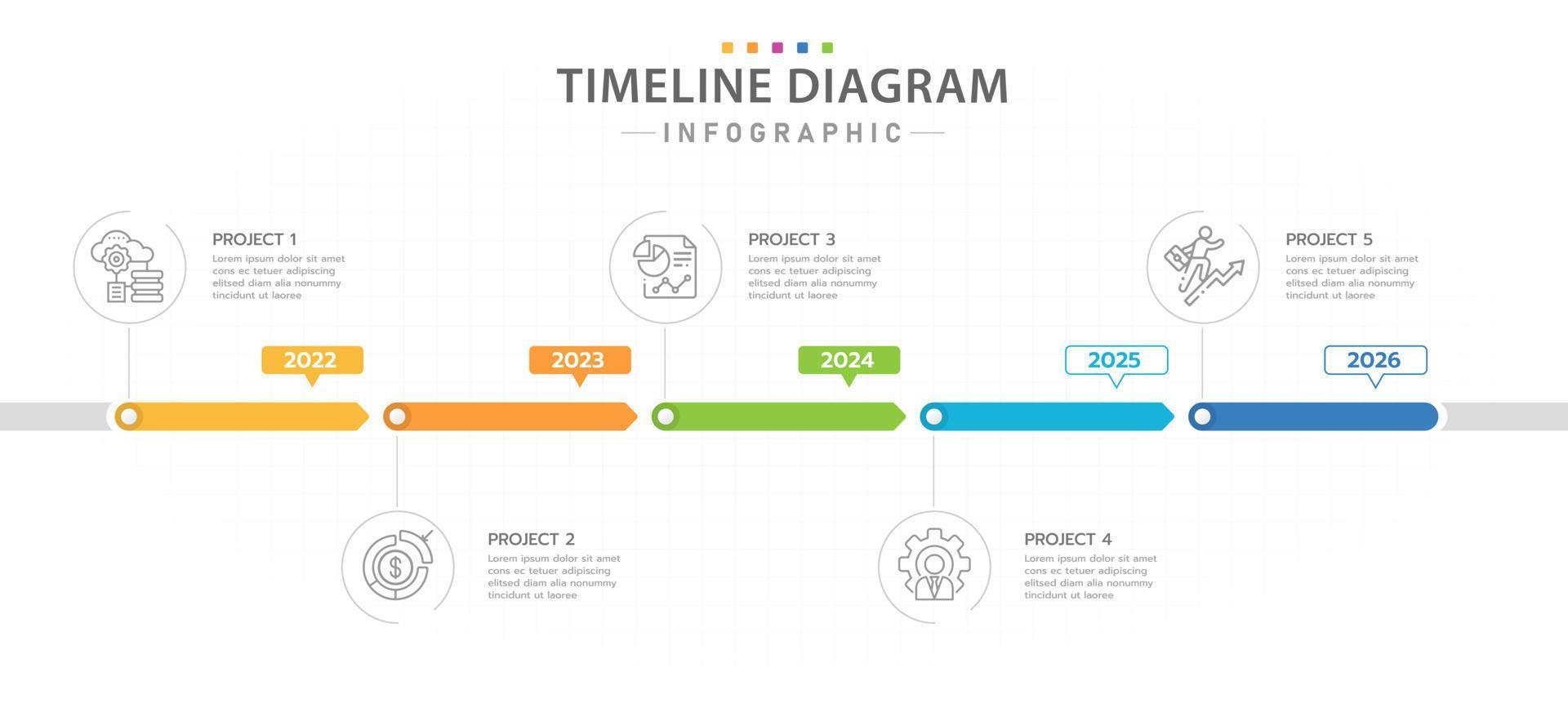 modèle d'infographie pour les entreprises. Diagramme de chronologie moderne en 5 étapes avec calendrier annuel, infographie vectorielle de présentation. vecteur