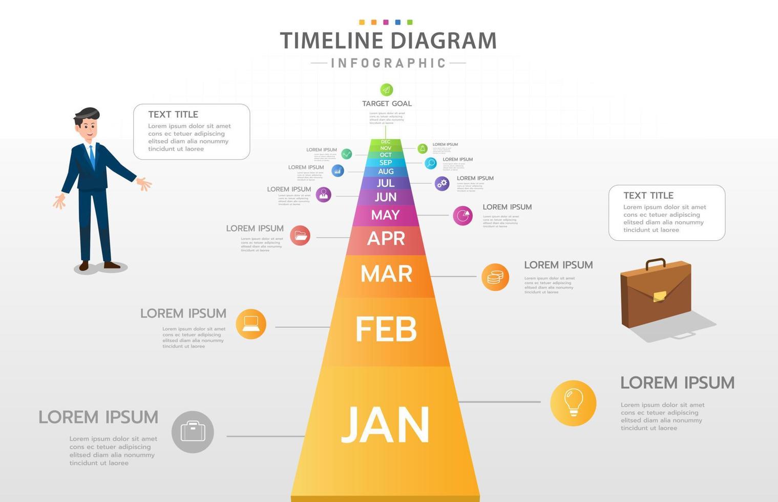 modèle d'infographie pour les entreprises. Diagramme de chronologie moderne de 12 mois avec diagramme de Gantt de calendrier, infographie vectorielle de présentation. vecteur