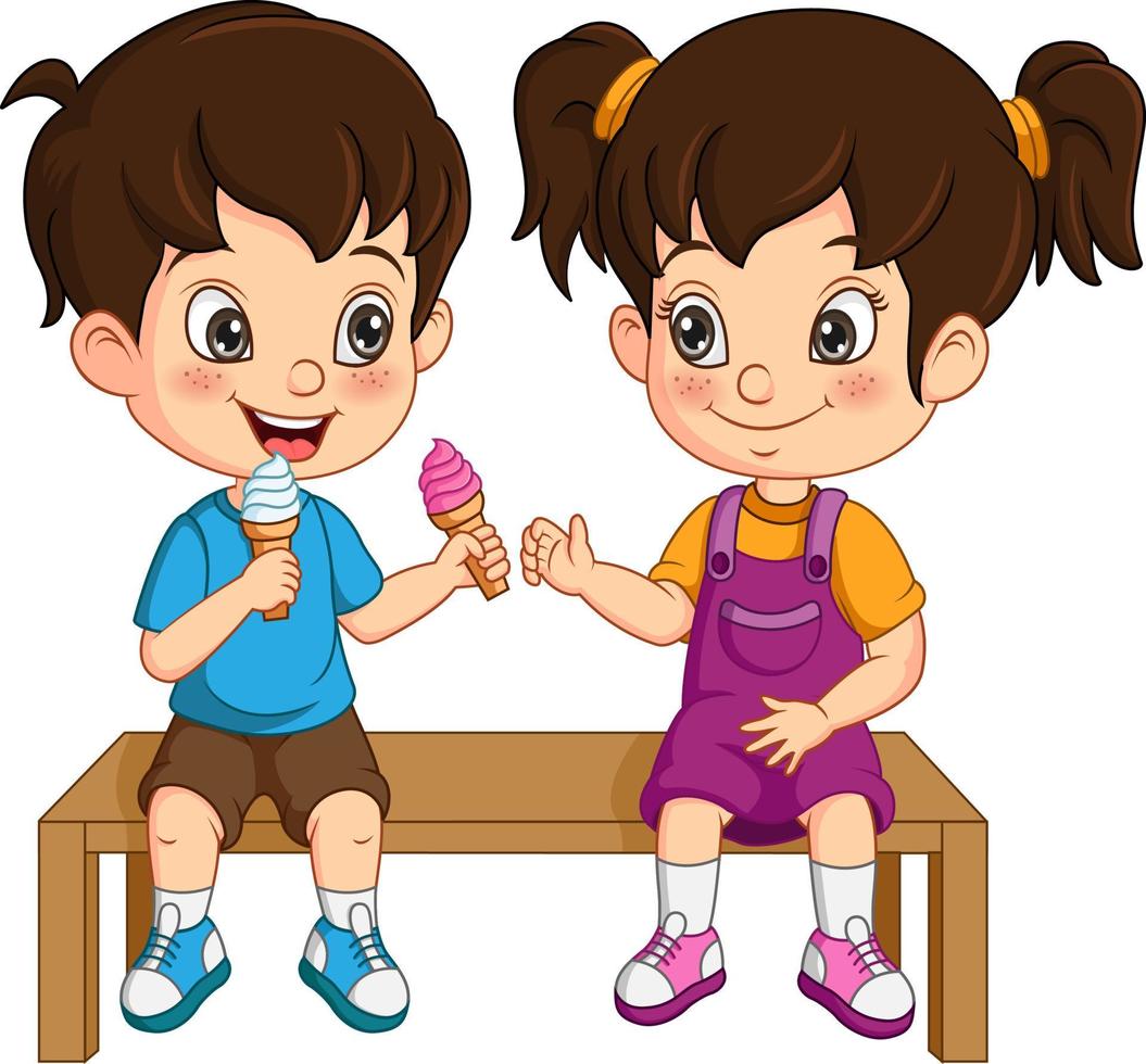 dessin animé enfants mangeant des glaces dans le parc vecteur
