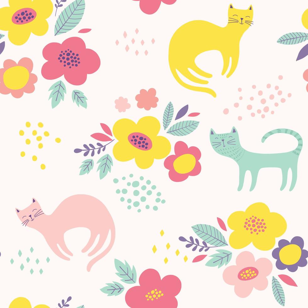 motif vectoriel mignon avec des fleurs et des chats. fond floral sans soudure.