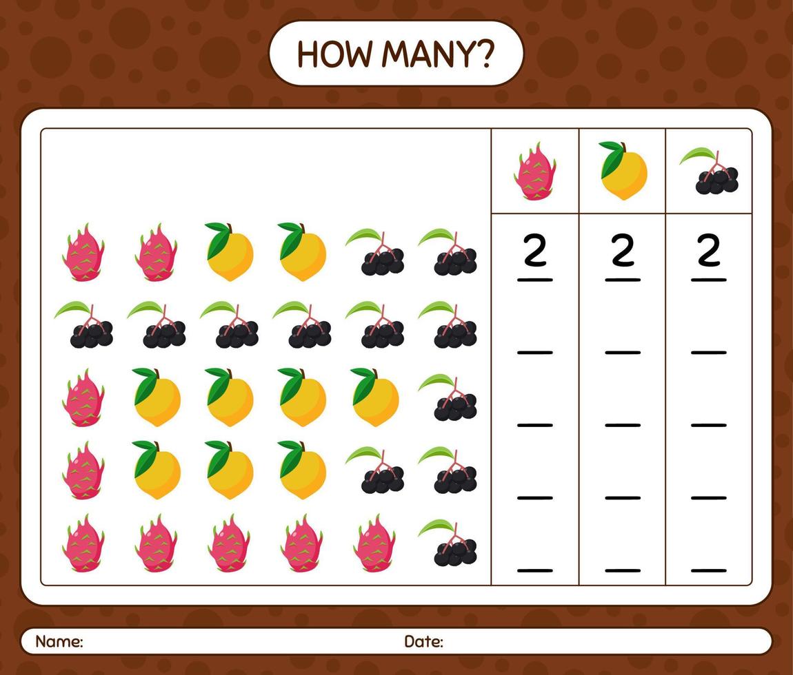 combien de jeu de comptage avec des fruits. feuille de travail pour les enfants d'âge préscolaire, feuille d'activité pour enfants, feuille de travail imprimable vecteur