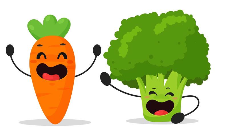 Légumes en dessin animé, carottes et brocolis vecteur