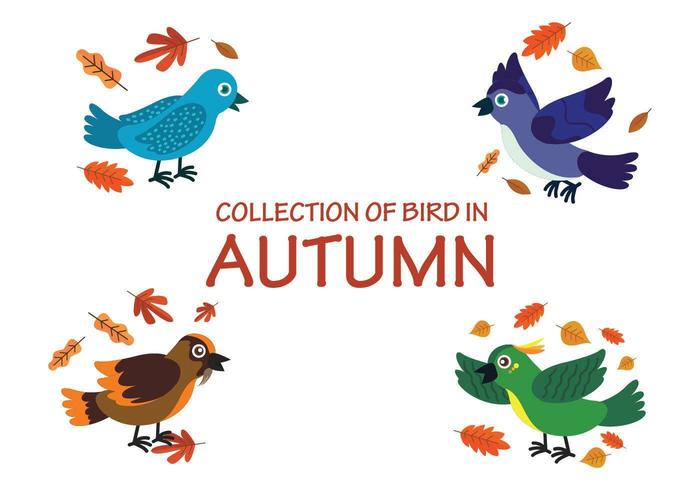 Collection d&#39;oiseaux jouant avec des feuilles en automne vecteur