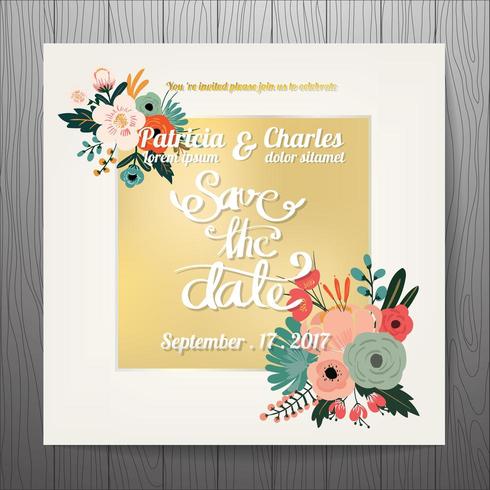 Invitation de mariage avec champ de texte doré et fleurs vecteur