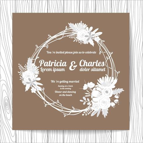 Style de doodle carte invitation de mariage avec couronne de fleurs vecteur