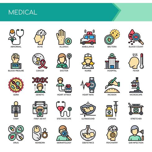 Éléments médicaux, traits fins et icônes parfaites de pixel vecteur