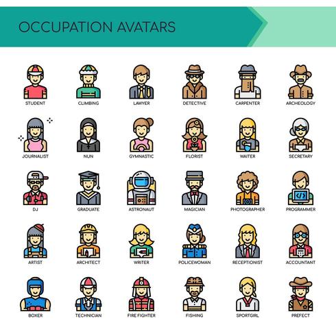 Avatars d&#39;occupation, ligne mince et icônes parfaites de pixel vecteur