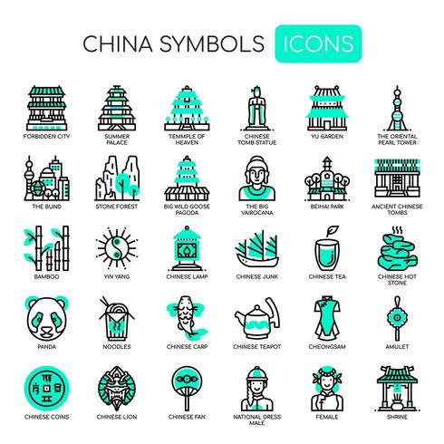 Symboles de la Chine, icônes de la ligne mince et des pixels parfaits vecteur