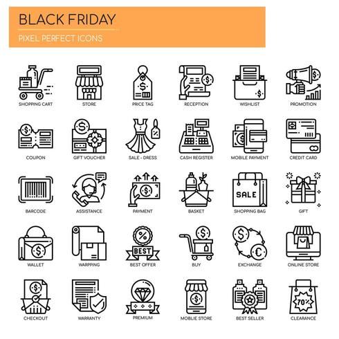 Black Friday Thin Line et Pixel Perfect Icons vecteur