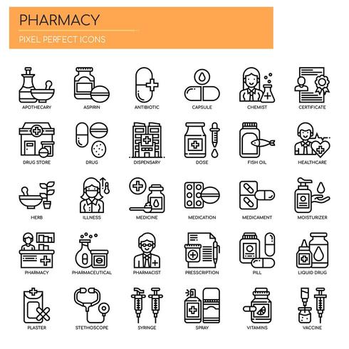 Éléments de pharmacie, icônes de la ligne mince et pixel parfait vecteur