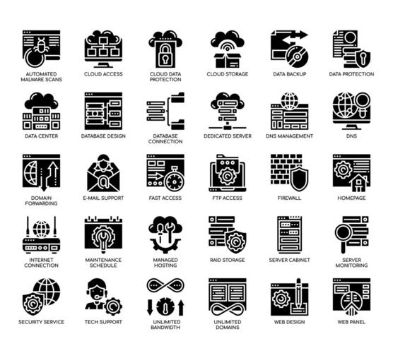 Hébergement Web, icônes de glyphes vecteur