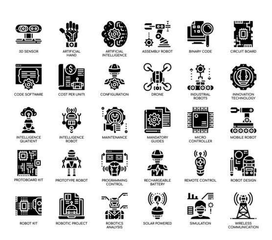 Ingénierie robotique, icônes de glyphes vecteur