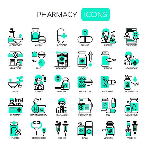 Éléments de pharmacie, icônes de la ligne mince et pixel parfait vecteur