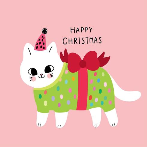 Dessin animé mignon chat et cadeau de Noël vecteur