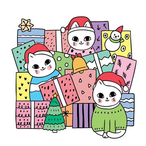 Cartoon mignons chats de Noël et cadeaux vecteur