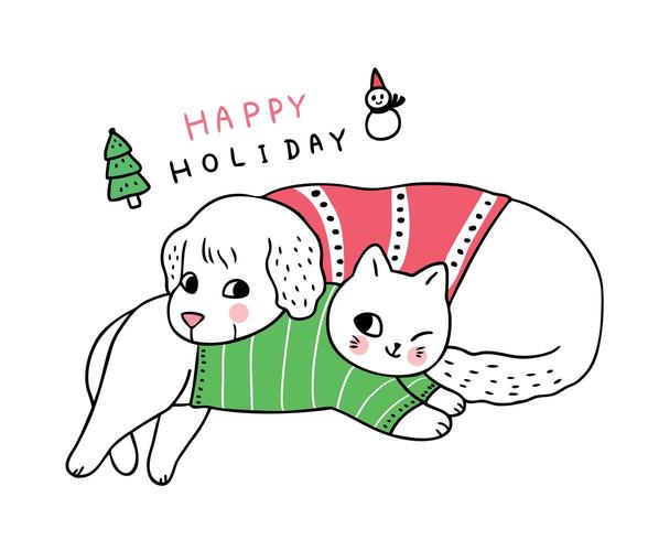 Cartoon Cute Christmas Dog et chat qui dort vecteur