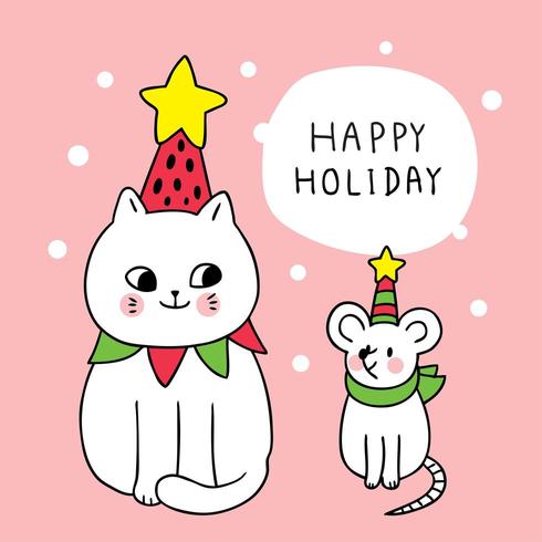 Dessin animé mignon chat et souris de Noël vecteur