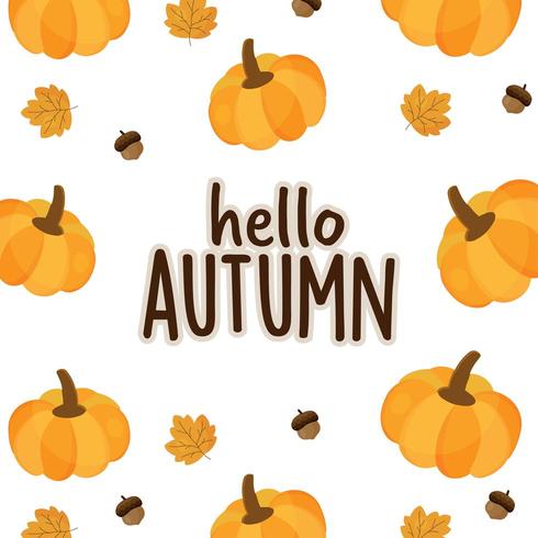 Bonjour carte automne avec citrouille, gland et feuille. vecteur