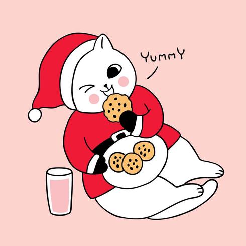 Dessin animé mignon chat de Noël manger des biscuits et du lait vecteur