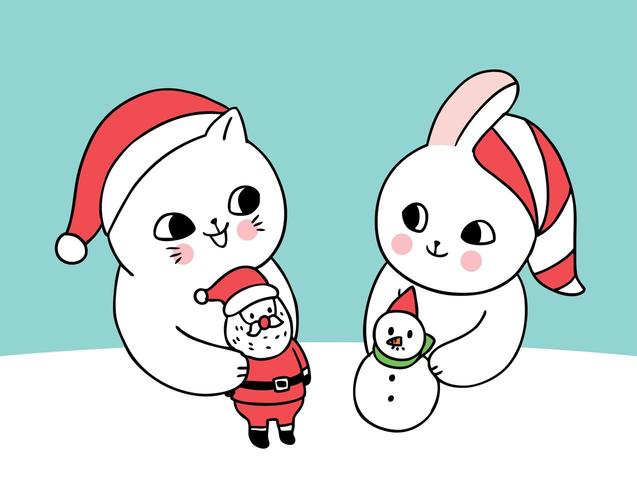 Dessin animé mignon chat et lapin de Noël jouant vecteur