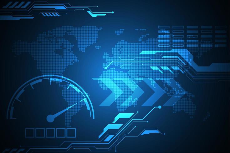 Compteur de vitesse numérique sur fond de carte mondial bleu vecteur