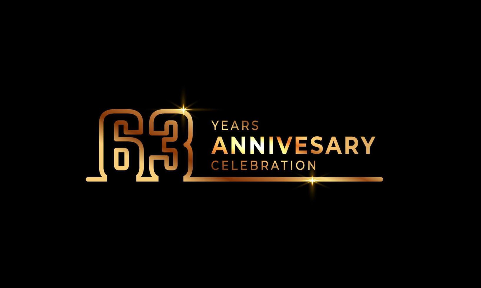 Logotype de célébration d'anniversaire de 63 ans avec des numéros de police de couleur dorée composés d'une ligne connectée pour l'événement de célébration, le mariage, la carte de voeux et l'invitation isolés sur fond sombre vecteur