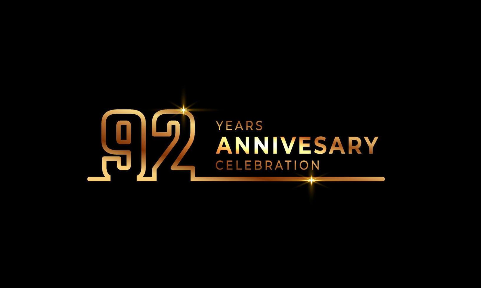 Logotype de célébration du 92e anniversaire avec des numéros de police de couleur dorée composés d'une ligne connectée pour l'événement de célébration, le mariage, la carte de voeux et l'invitation isolés sur fond sombre vecteur