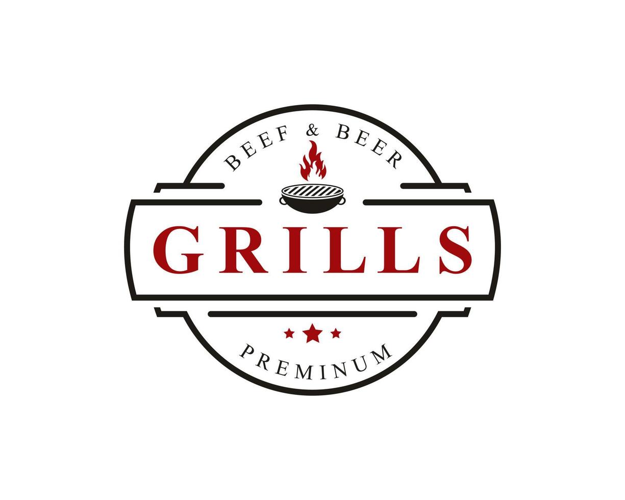 vintage rétro badge grill restaurant conception logotype étiquette feu flamme logo vecteur conception inspiration