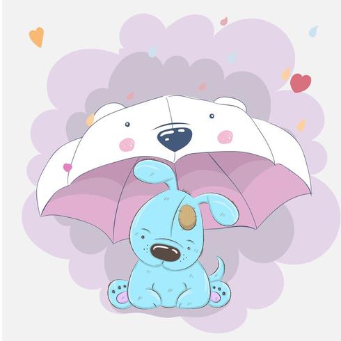 mignon bébé chien assis sous un parapluie vecteur