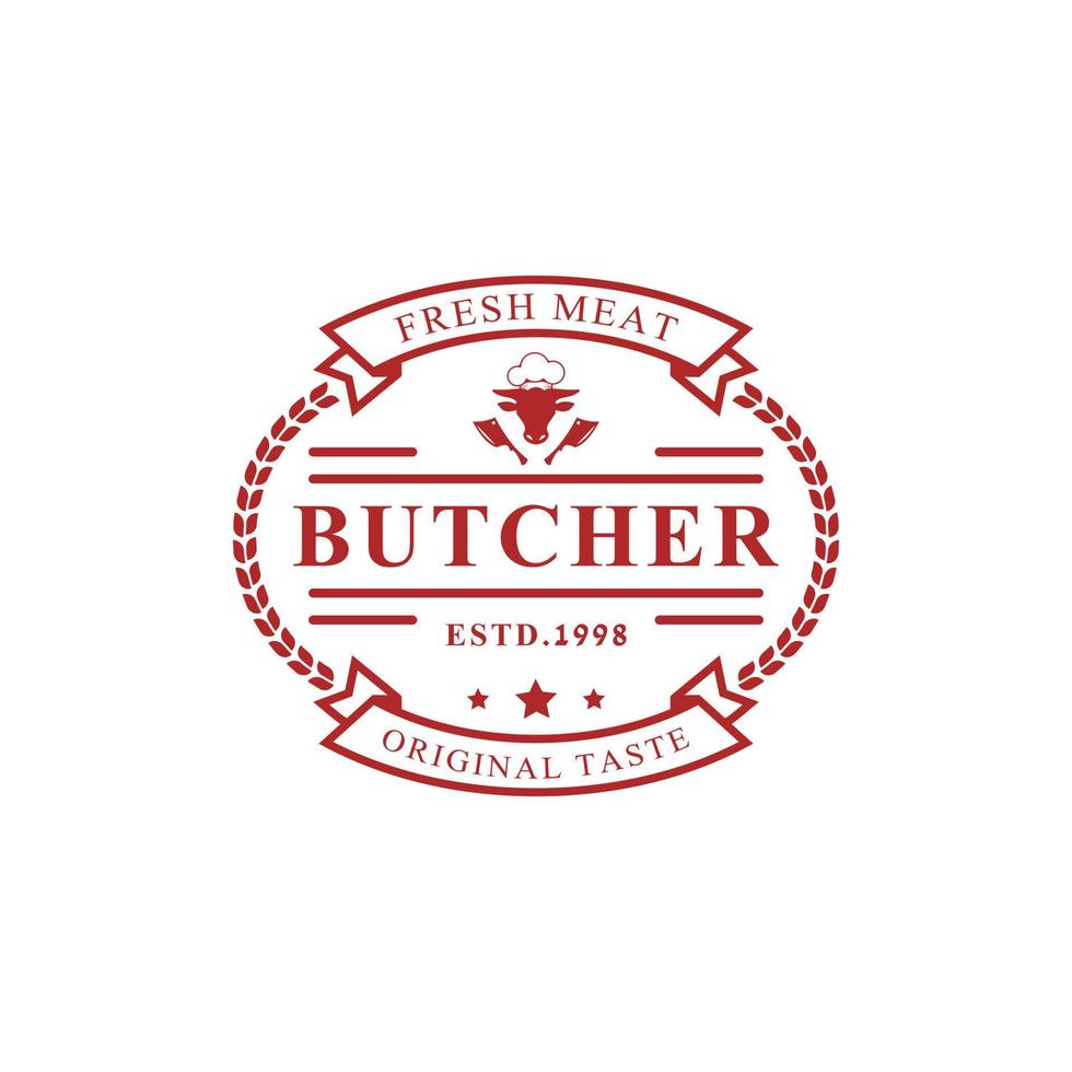 illustration vectorielle de boucherie rétro vintage bonne pour les badges de ferme ou de restaurant avec des silhouettes d'animaux et de viande emblèmes de typographie création de logo vecteur