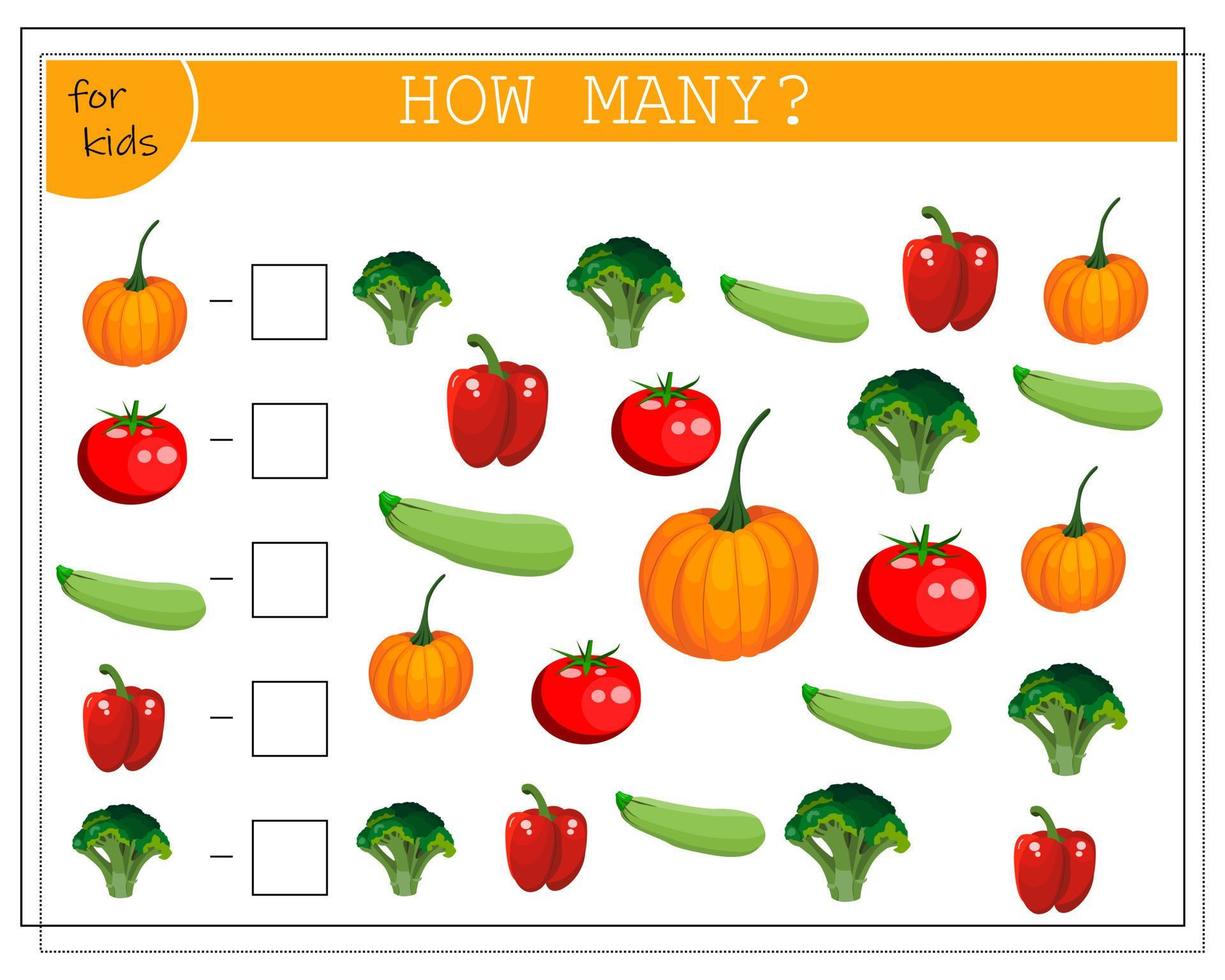 jeu de mathématiques pour les enfants, comptez le nombre d'articles, de légumes. vecteur