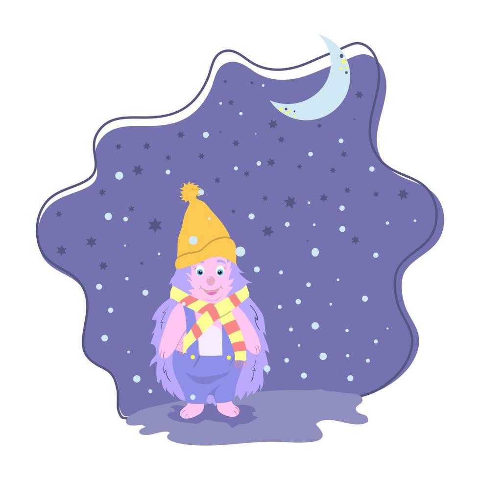 hérisson de dessin animé mignon dans un chapeau et une écharpe, nuit, hiver, lune, étoiles, neige. vecteur