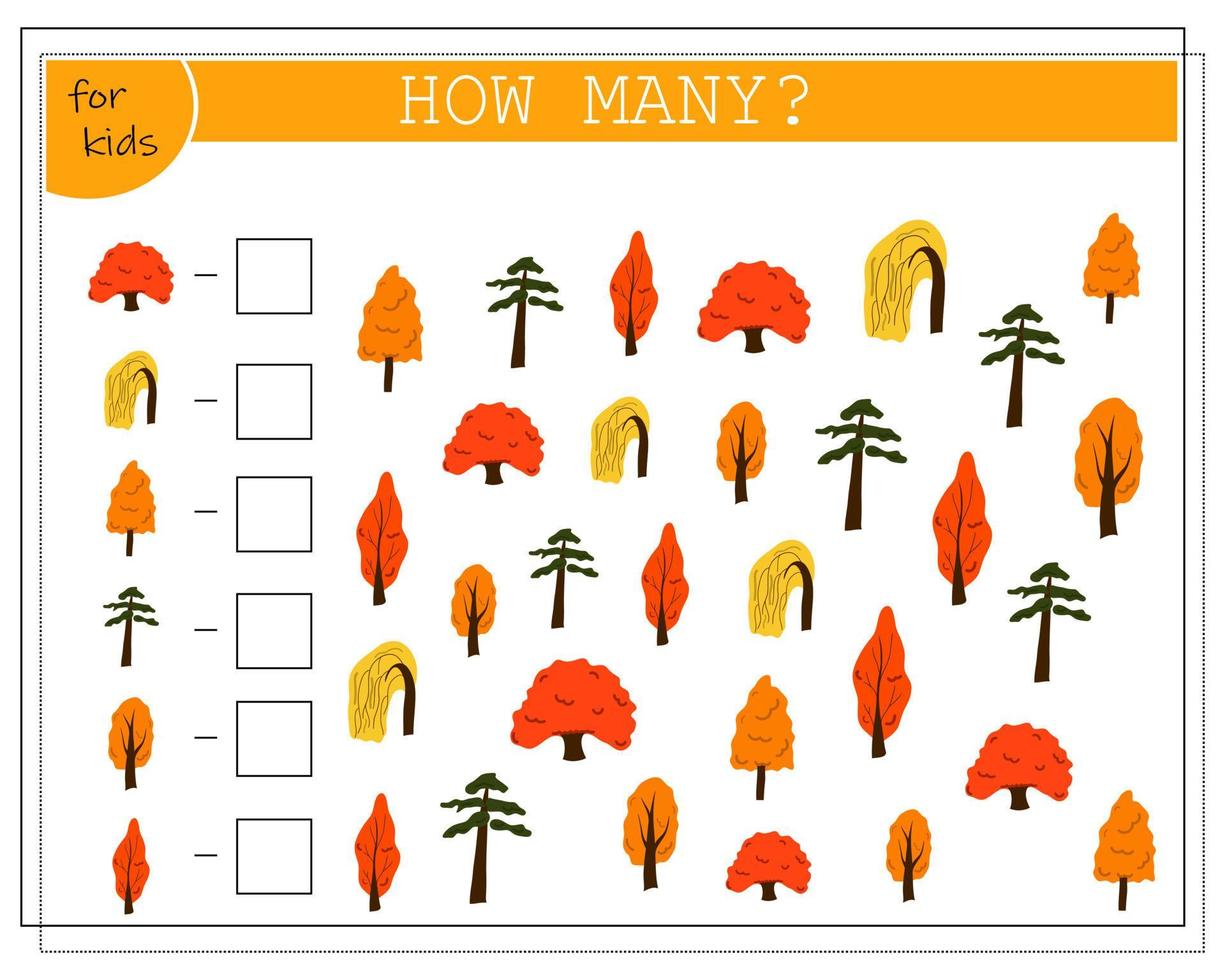 jeu de mathématiques pour les enfants. compter combien d'arbres d'automne il y a vecteur