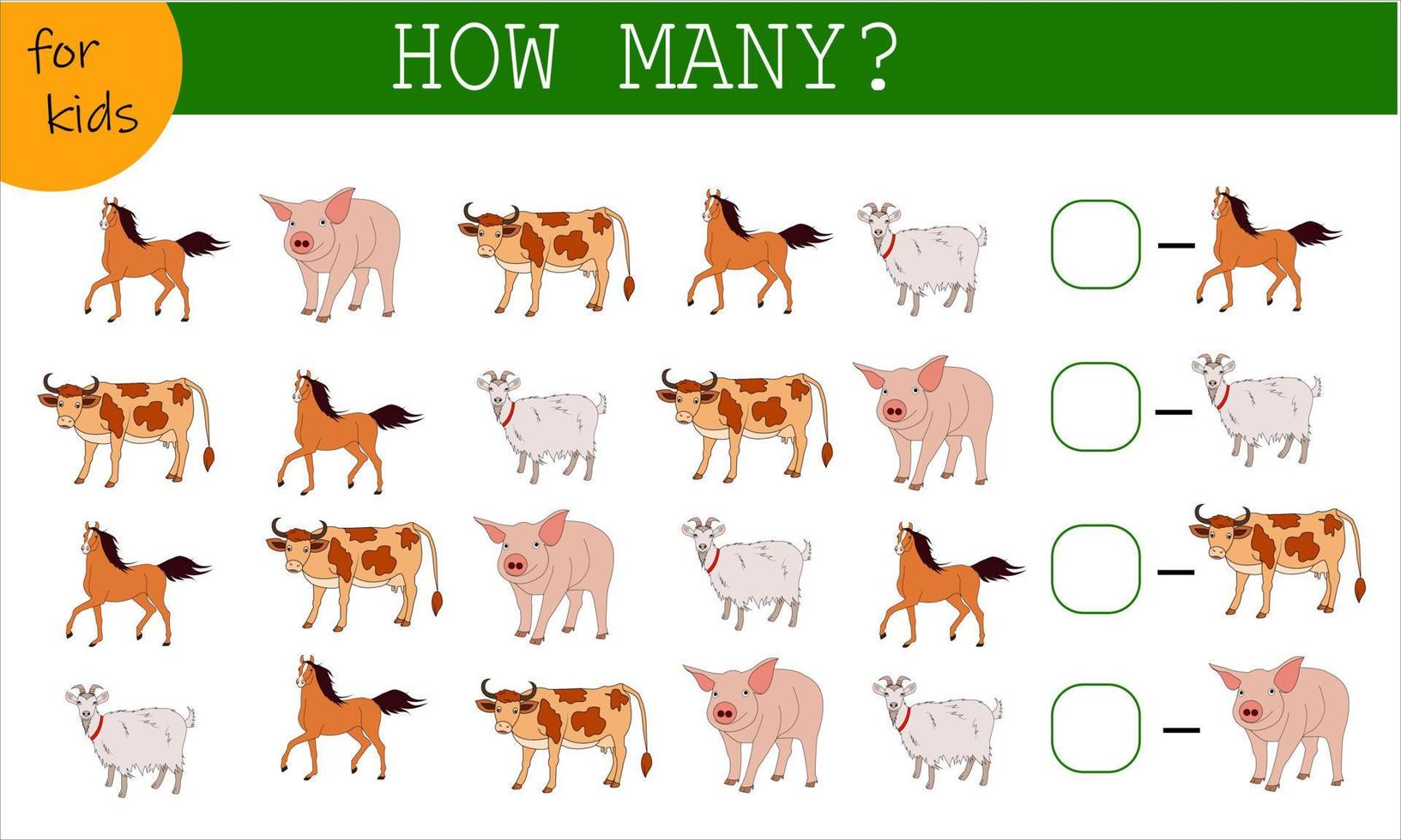 jeu de mathématiques pour les enfants compter les animaux. combien y a-t-il de chevaux vecteur