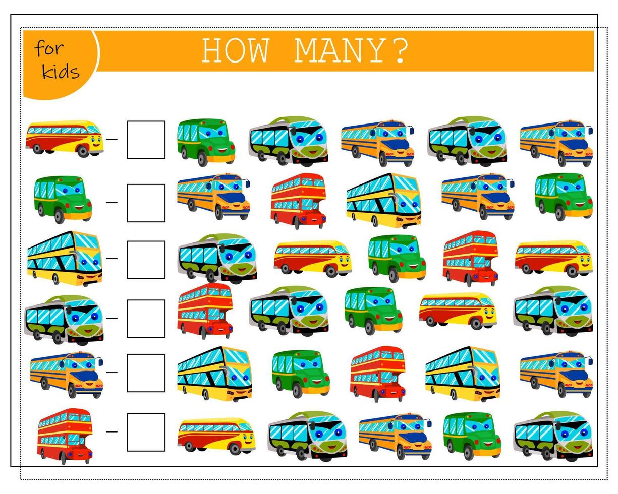 jeu de mathématiques pour les enfants compte combien il y en a. bus de dessin animé avec des yeux et un sourire de couleur rouge, jaune et verte vecteur