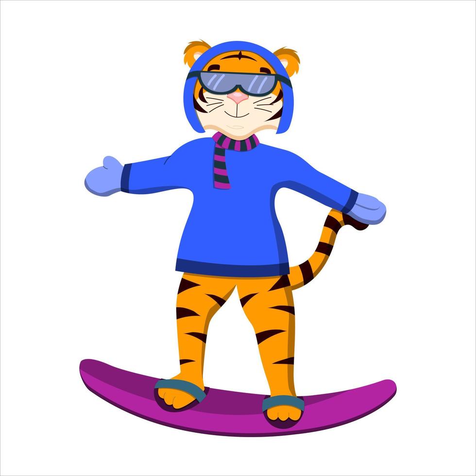tigre de dessin animé sur un snowboard, vecteur