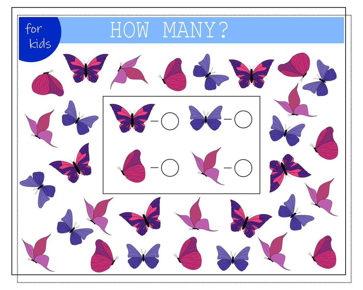 jeu de maths pour enfants compter combien de papillons, combien d'entre eux vecteur