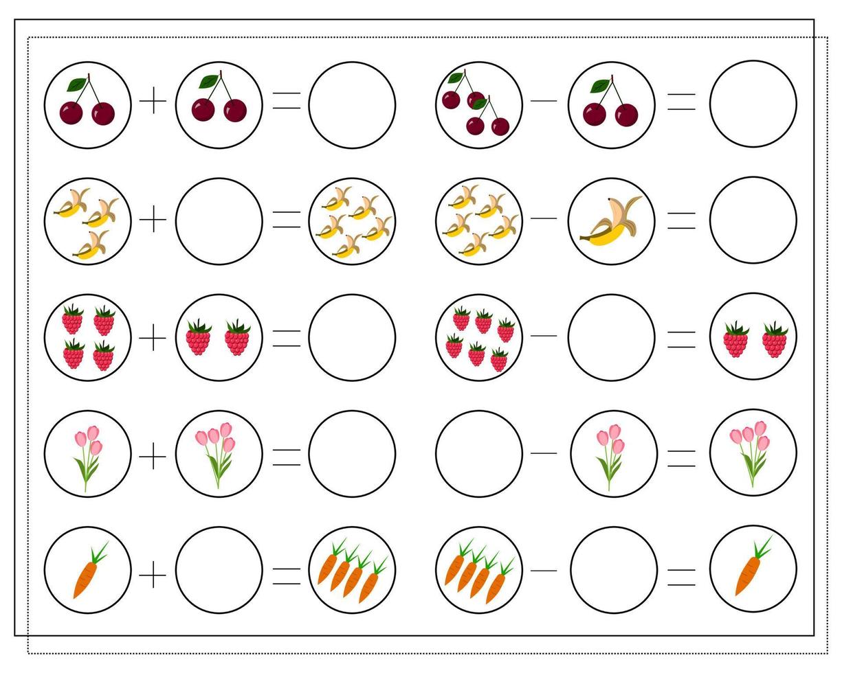 un jeu de mathématiques pour les enfants. résoudre les exemples, compter les éléments vecteur