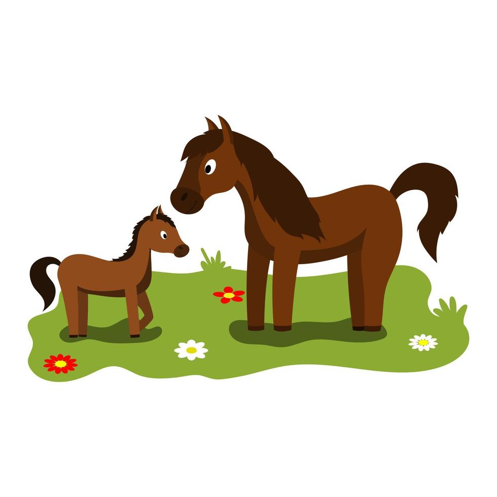 illustration de dessin animé mignon de maman et d'enfants, cheval et poulain d'animaux de ferme. vecteur