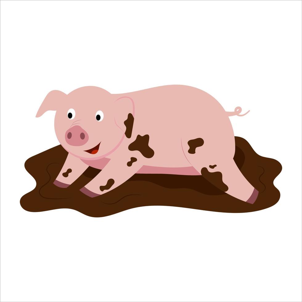 illustration vectorielle d'un cochon de dessin animé mignon allongé dans la boue. vecteur