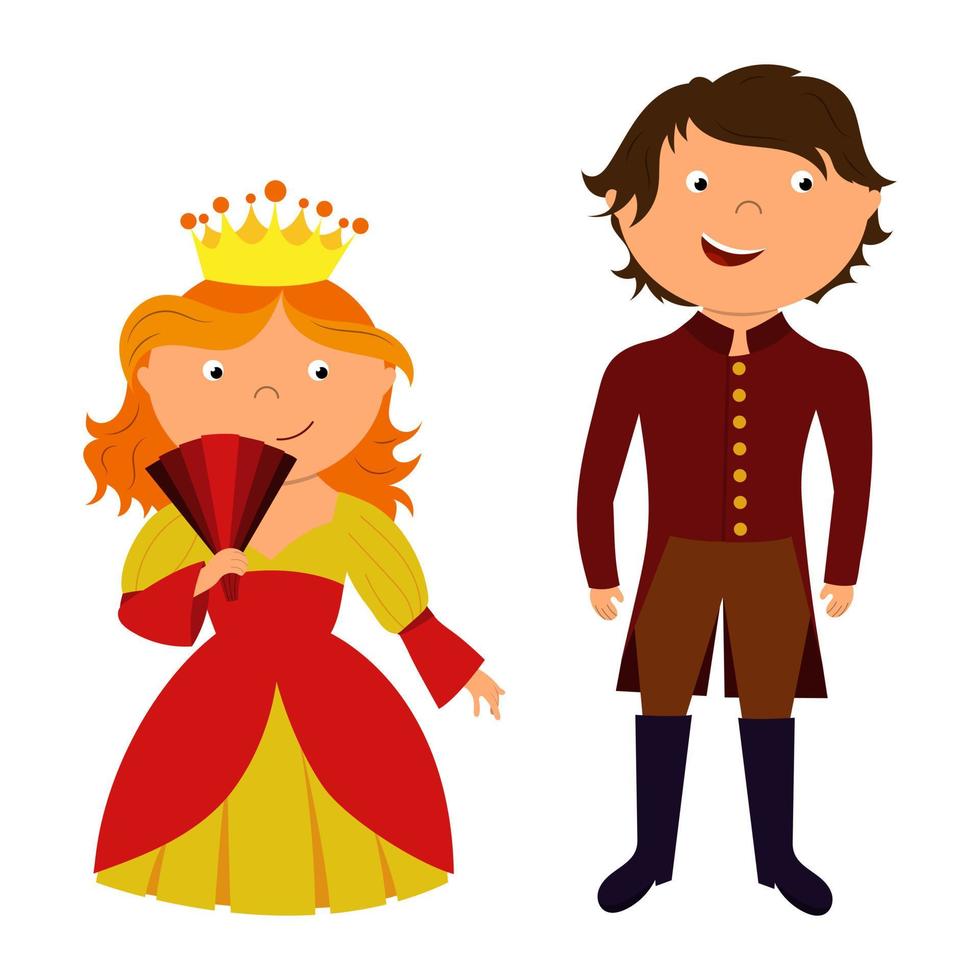 une belle princesse de conte de fées et un prince dans une couronne et une robe de fantaisie. illustration pour enfants pour l'impression et les autocollants. vecteur