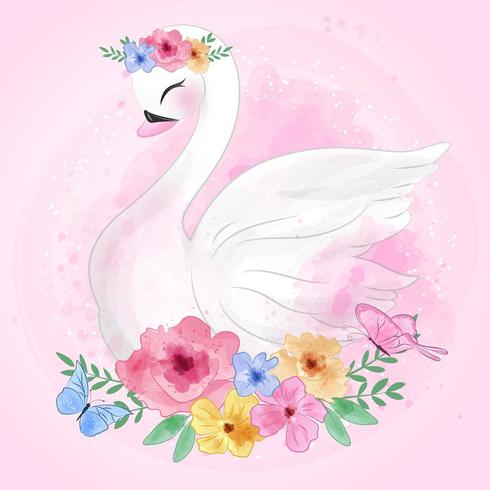 Mignon cygne et fleur vecteur