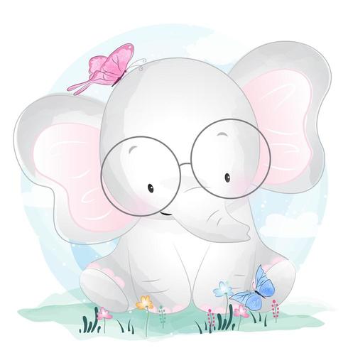 Doux petit éléphant avec des lunettes et des papillons vecteur