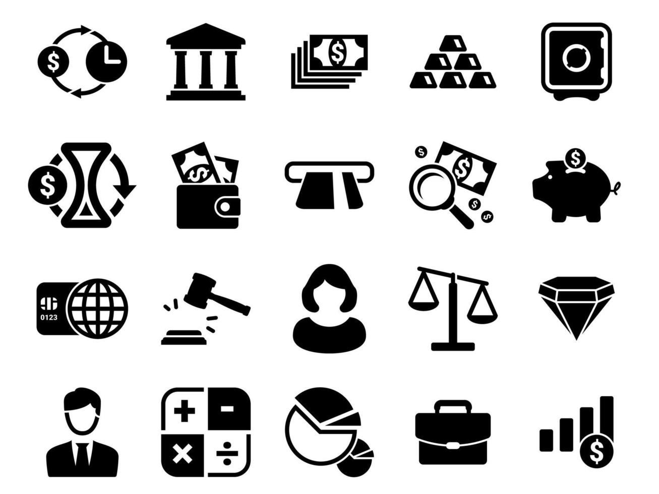 ensemble d'icônes simples sur un thème finance, argent, banque, épargne, image vectorielle, conception, collection, plat, signe, symbole, élément, objet, illustration. icônes noires isolées sur fond blanc vecteur