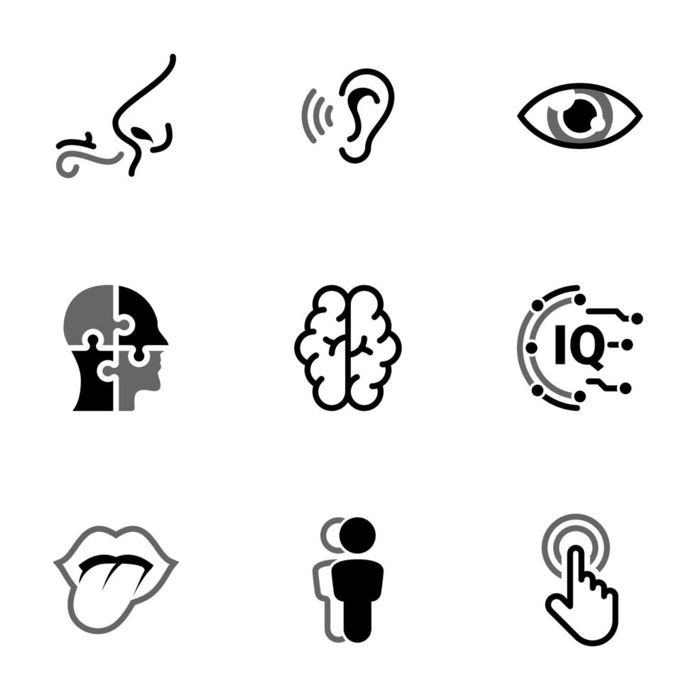 ensemble d'icônes simples sur un thème sens organes, homme, esprit, traitement, perception, intellect, vecteur, ensemble. icônes noires isolées sur fond blanc vecteur