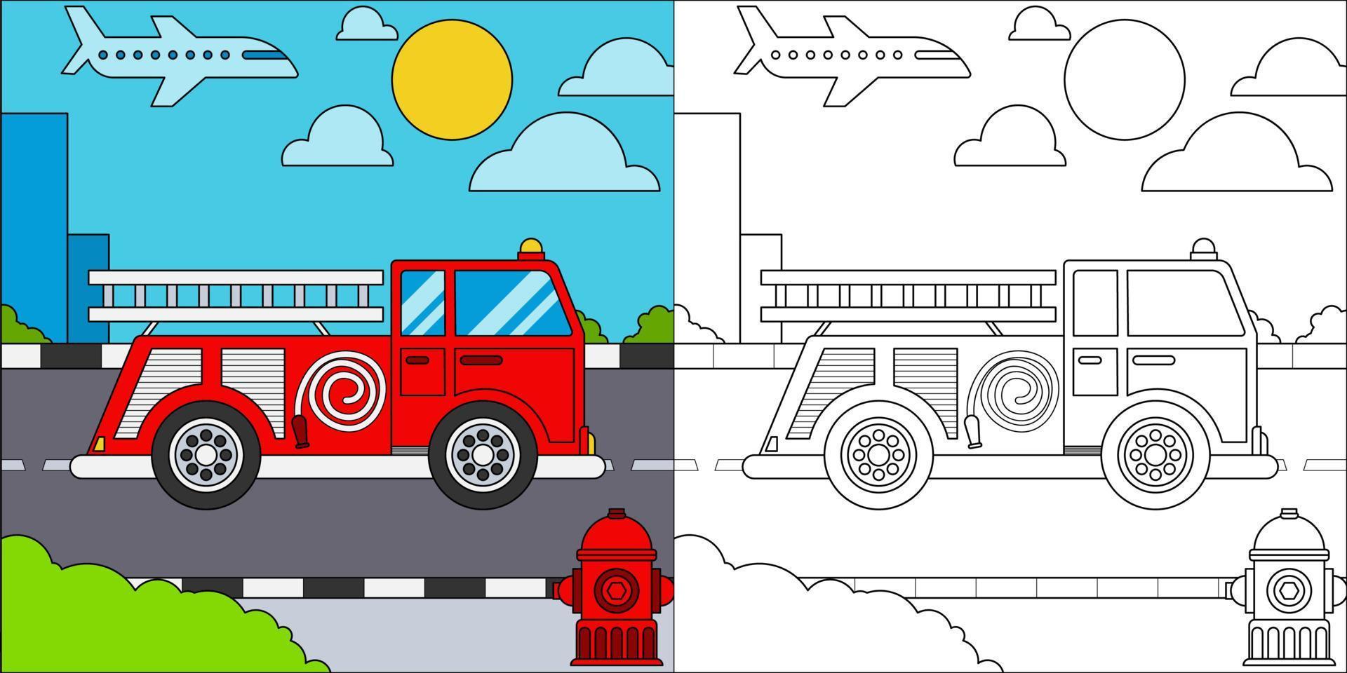 camion de pompiers ou camion de pompiers adapté à l'illustration vectorielle de la page de coloriage pour enfants vecteur